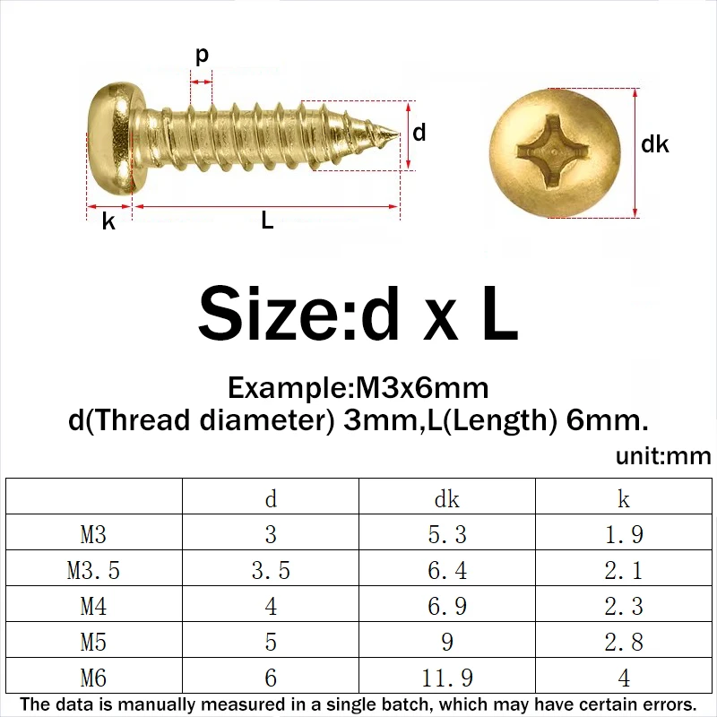 5-50pcs Brass Cross Recessed Round Head Tapping Screw M3 M3.5 M4 M5 M6 Pan Head Phillips Self Tapping Screw Wood Screws Hardware
