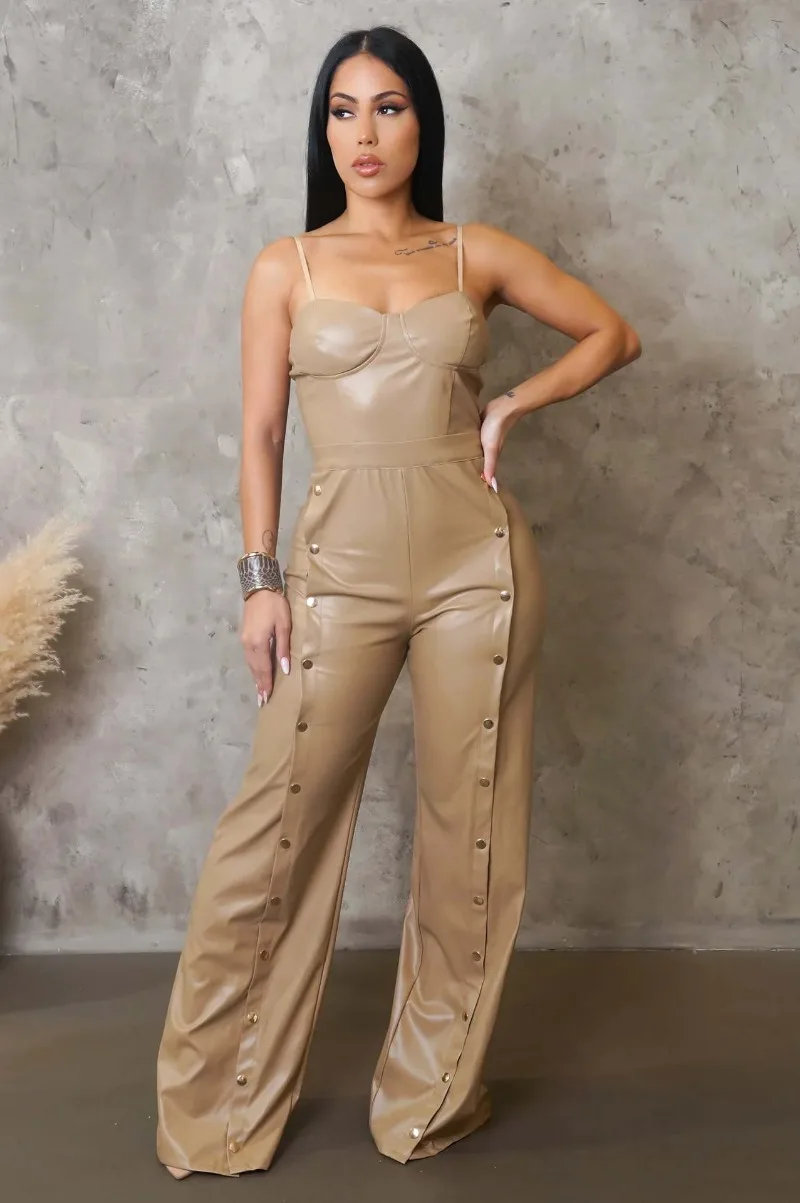

KEXU Women Summer Wide Leg Sleeveless Strap PU Leather Jumpsuits 2025 Button Beach Club Party Outfits One Piece Suit Romper
