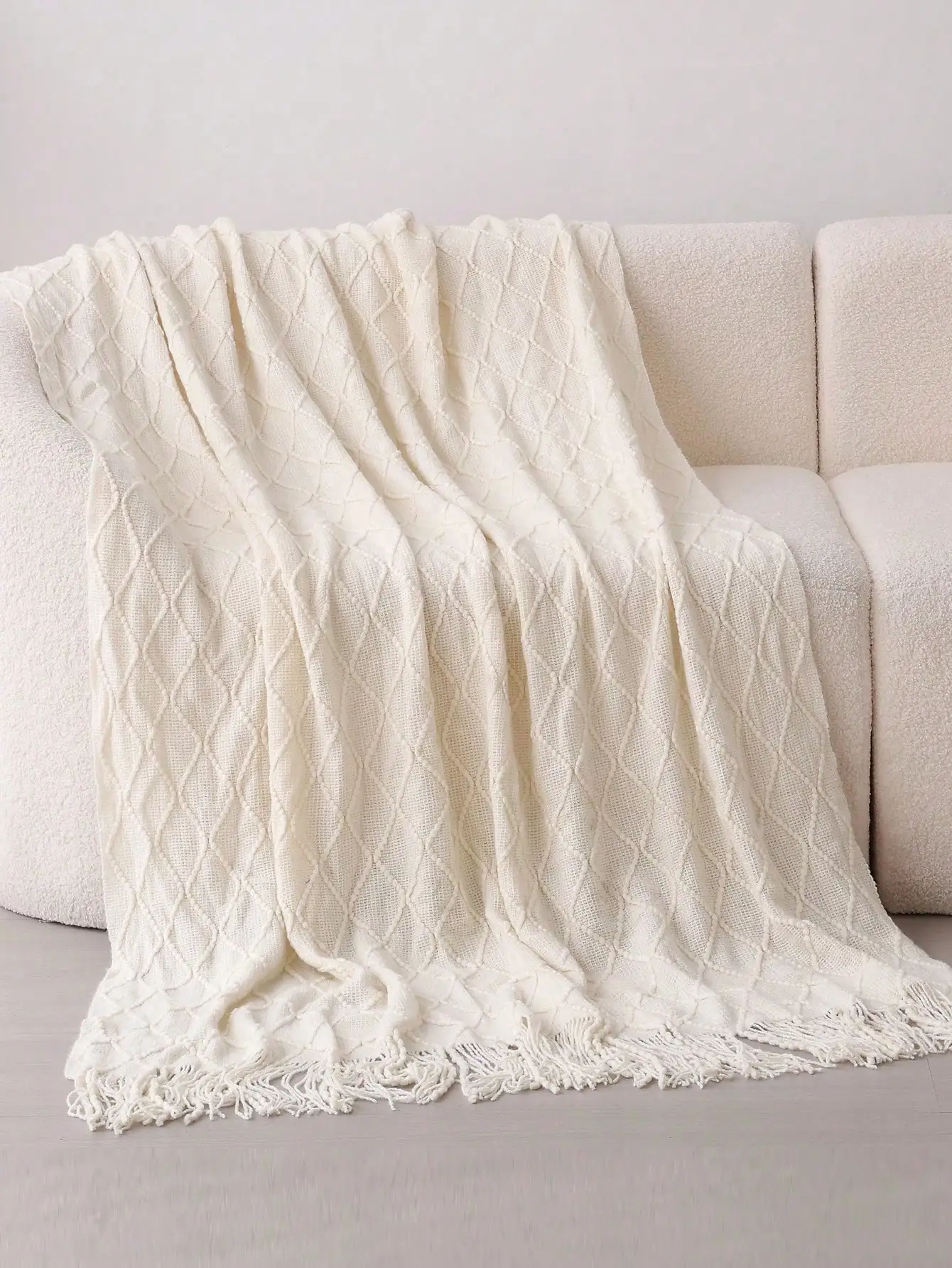 1 Diamond Grid Textured Knit Throw Blanket, Soft And Comfortable, Suitable For All Seasons, Suitable For Sofa, End Of Bed, Travel, Home Decor - Mixed Color Geometric Pattern, Acrylic Fabric