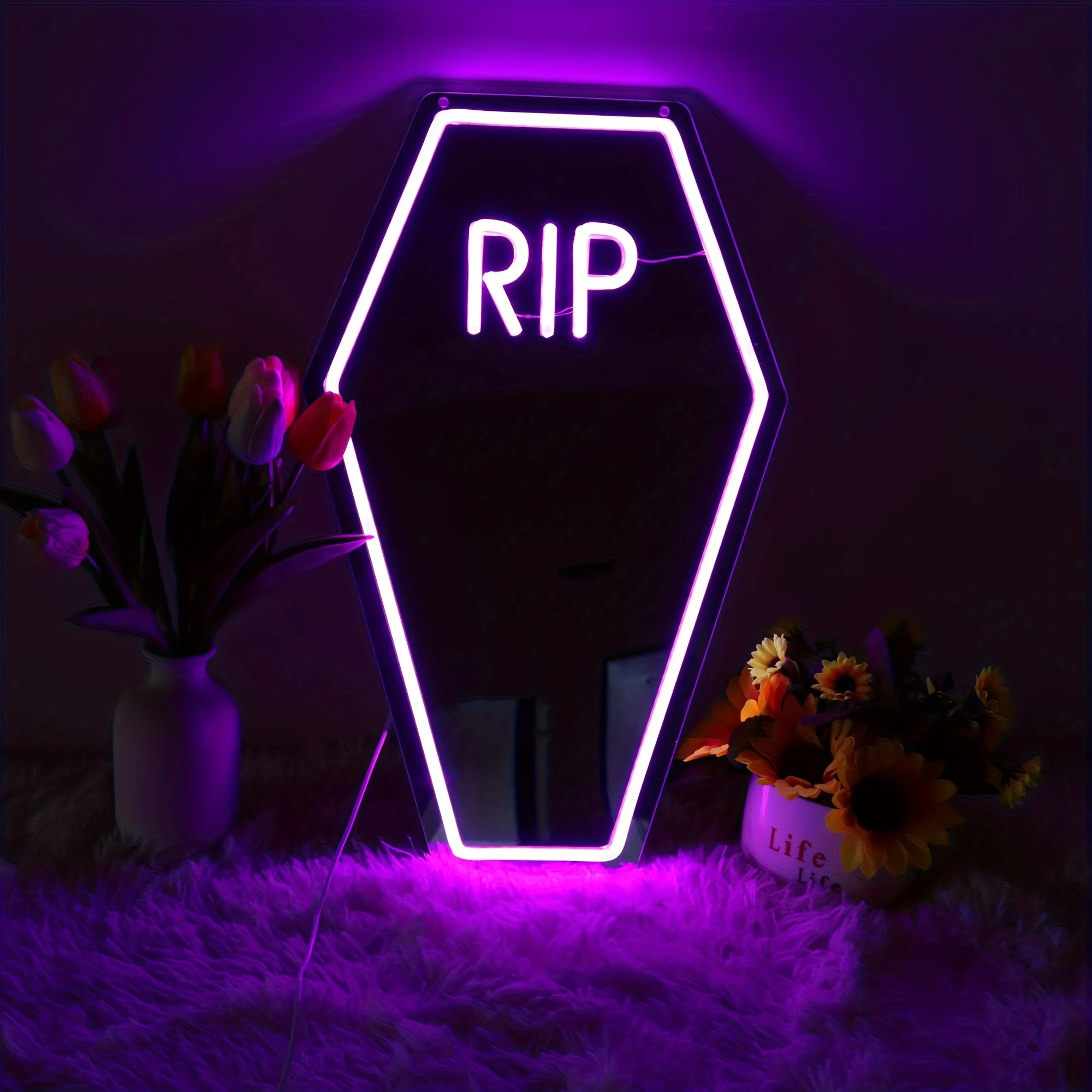 Coffin Rip Neon Mirror Signage Gothic Room Decor Casket Mirror Signage Halloween Gift Party Gothic Halloween Decoration Purple