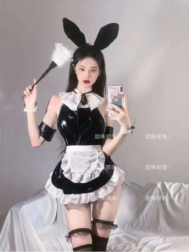 Cosplay Rabbit Sweet Hot Sexy Lolita Fashion Girl Mini Dress Pu Leather Maid Lace Mesh Korean Women Hot Tops 2022 Summer H8U