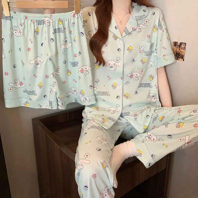 

Женский пижамный комплект с лацканами и короткими рукавами, шорты, кардиган, брюки, летний новый домашний костюм с мультяшным принтом, корейский мягкий комплект из трех предметов