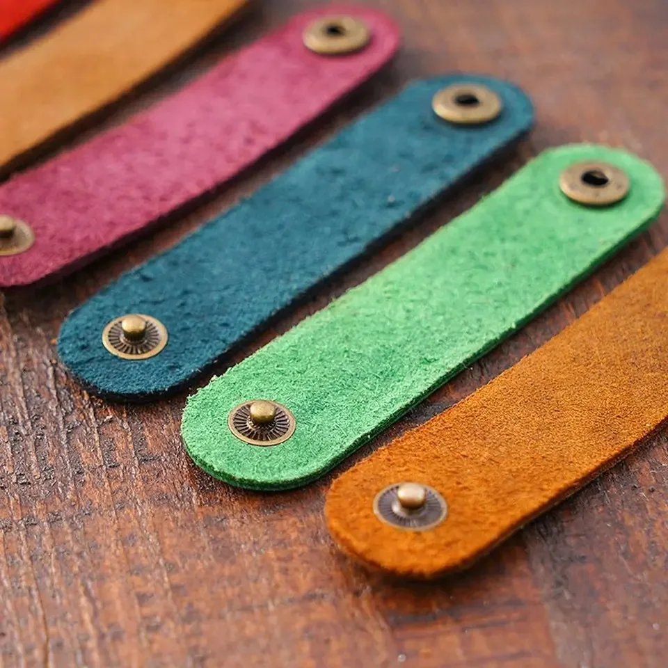 Genuine Leather Cable Organizer Vintage Earphone Wire Data Line Clips Cable Winder Tie Cable Management Cord Organizer Office