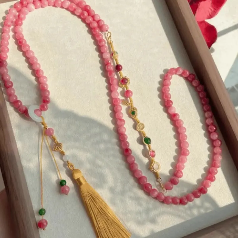 

108 beads Of rhodochrosite Long Chinese Style Crossbody Chain Back Necklace Versatile Ethnic Style Crossbody chain