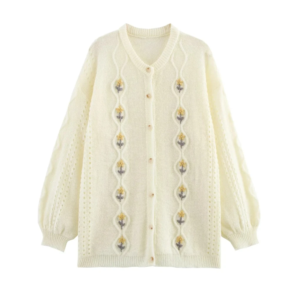 

KONDALA Women Elegant Cute Knit Coat Beige Button Embroidery Flower Loose Cardigan 2025 Fall Winter Fashion Casual Women Cardiga