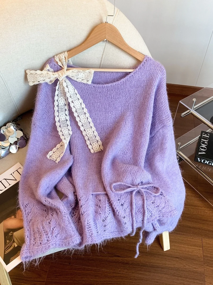 Süßer, sanfter Knoten-Sa-Pullover für Damen, lockeres, bequemes, langes Sve-Top für Herbst, Faion, lässig, gestricktes Polyester