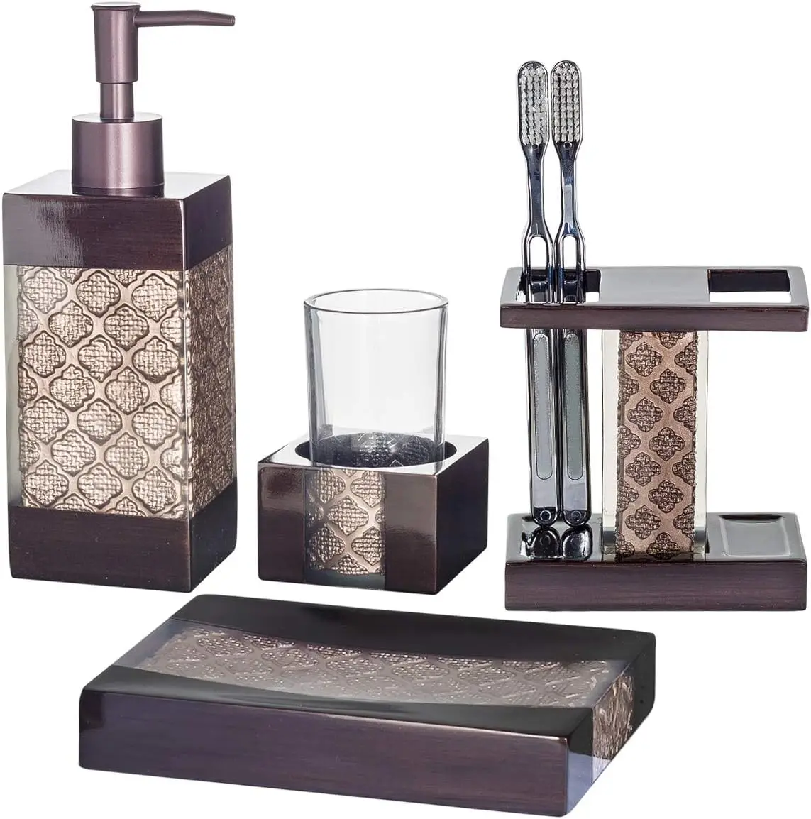 

Dahlia Brown Bathroom Accessory Set Complete - Decorative 4 Piece Bathroom Sets Accessories Includes: Soap Dispenser, Toothbrush