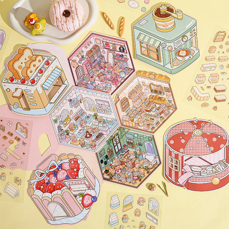 Cream Bear PET Diorama Stickers Korean Style Cartoon Scrapbook Decals for Journal DIY Cute 3D Scene Decoration Kids Gifts