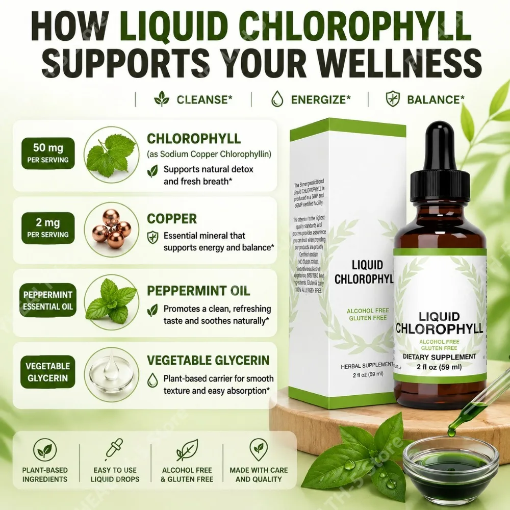 Liquid Chlorophyll Drops 59ml Plant Based Dietary Supplement with Copper and Peppermint Oil Alcohol Free Wellness Support
