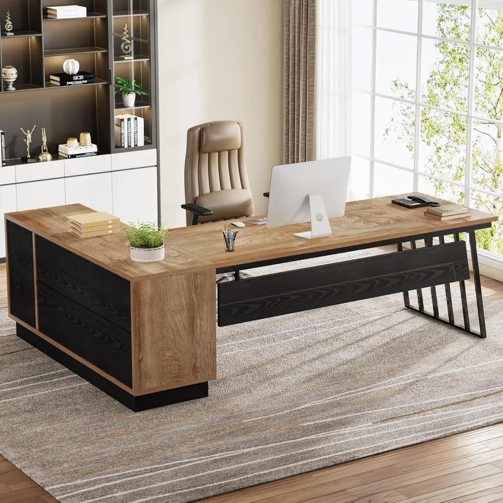 71 L-Shaped Oak & Black Desk with Storage, Ideal for Home Office or Executive Use