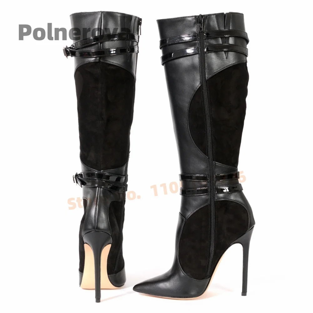 Women's Patchwork Stiletto Knee High Boots Pointed Toe High Heel Faux Suede Leather Splicing Belt Buckle Party Dress Shoes