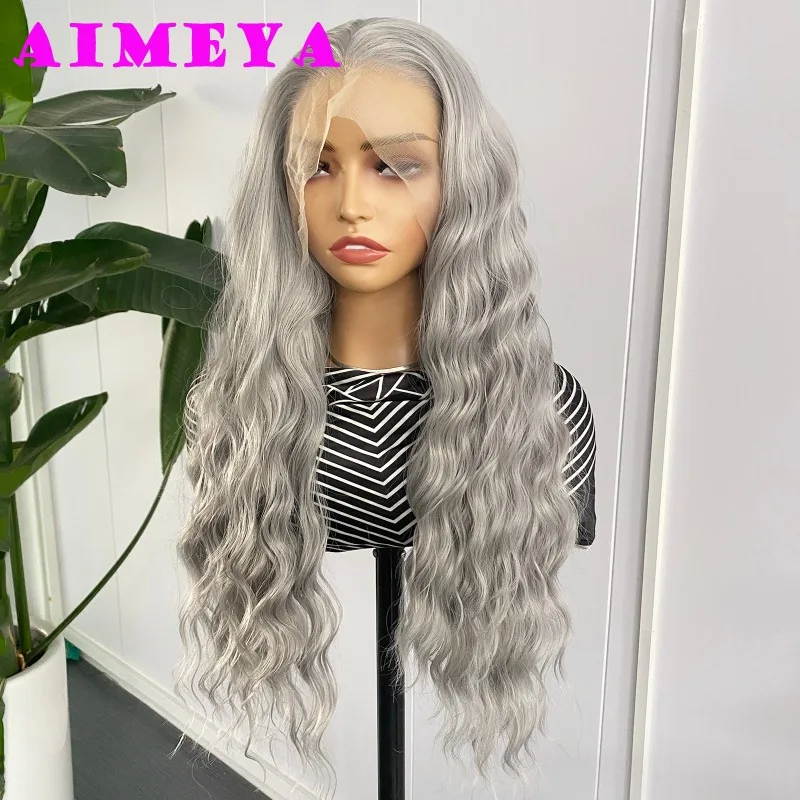 AIMEYA Silver Deep Wave Lace Wig Natural Hairline Light Grey Synthetic Lace Front Wig for Women Daily Use Cosplay Wig Frontal