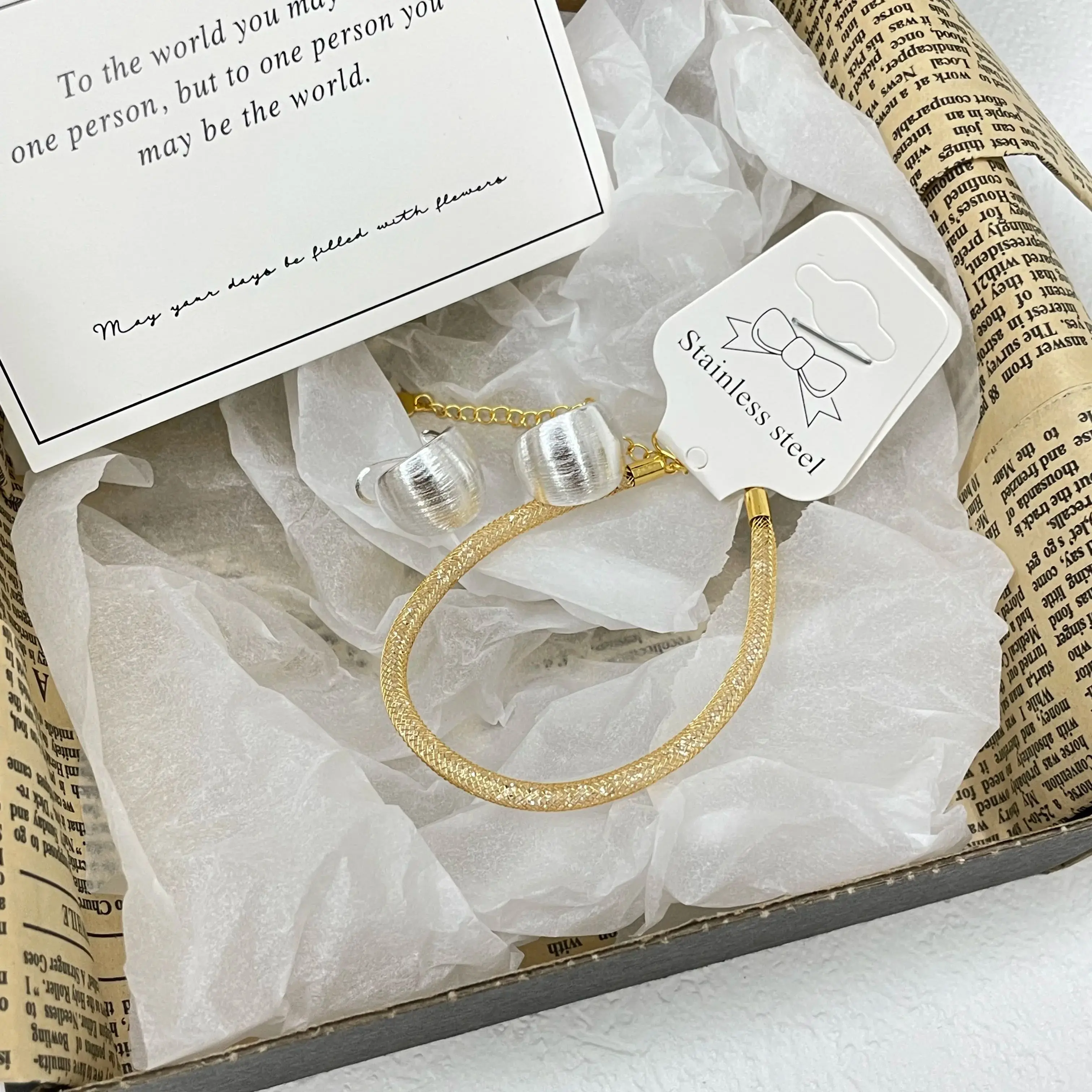 

Large-sized stud earrings with matte brushed wirework, handmade earrings with a folk style, exquisite glittering gloden bracelet