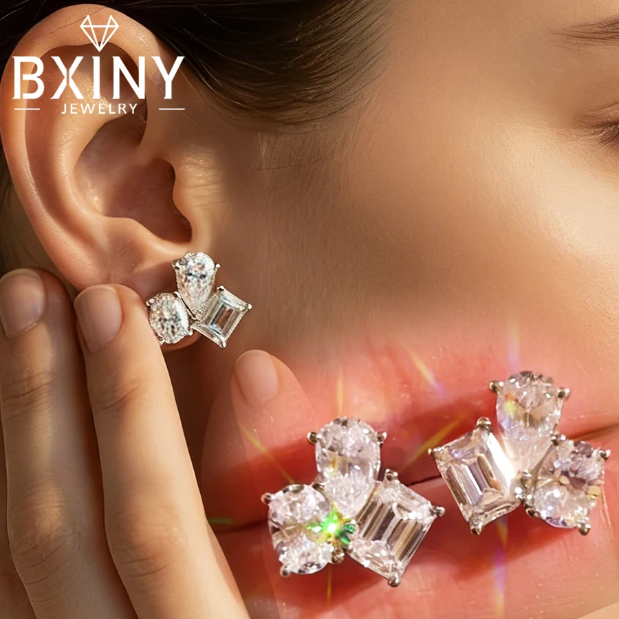 

BXINY 6CTTW 3-Stone Moissanite Stud Earrings 100% S925 Silver Certified Lab Diamond Ear Stud for Women Wedding Gift Fine Jewelry
