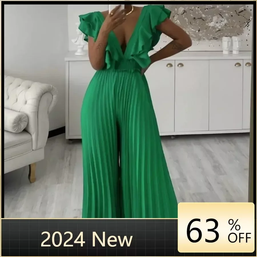 

Elegant Jumpsuits for Women 2024 Luxury Pleated V Neck Ruffles Sleeve Belt Waisted High Quality Female Birthday Party Overalls