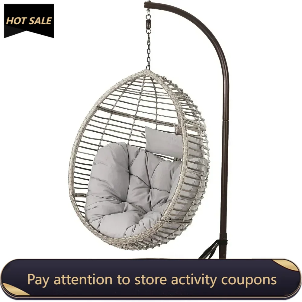 Outdoor Wicker Hanging Basket Chair With Water Resistant Cushions and Iron Base Porch Swing Set Grey / Black Freight Free