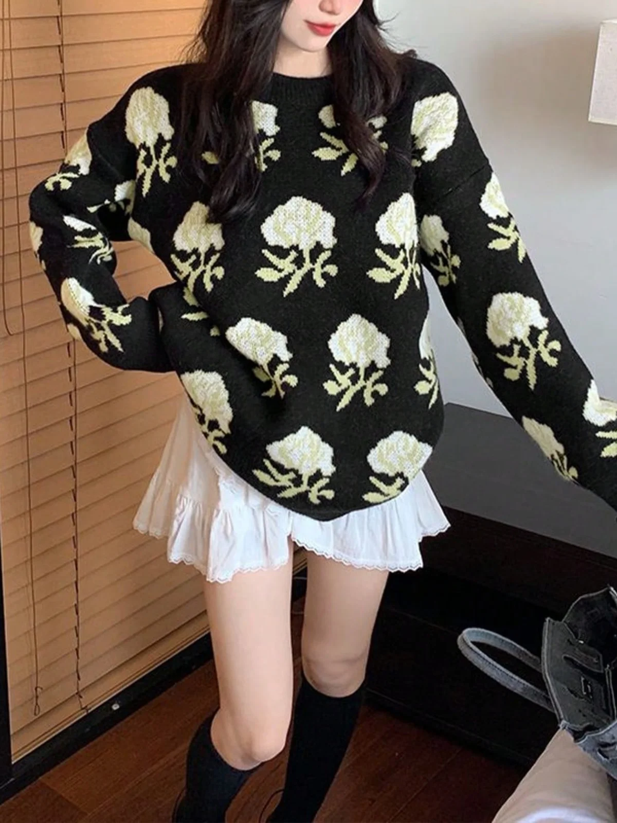 

Корейский шикарный осенне-зимний свободный круглый длинный свитер Ne Flower, женский модный удобный дышащий свитер средней длины