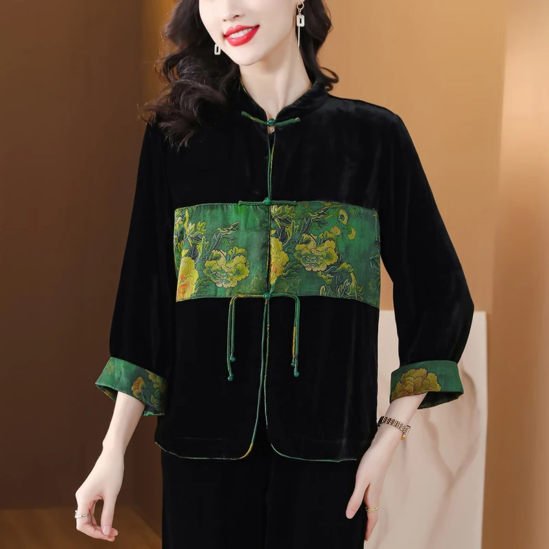

Autumn Black Velvet Patchwork Print Casual Blouses Women Elegant Chic Loose Top Coats 2024 Winter Long Sleeve Festival Top Shirt