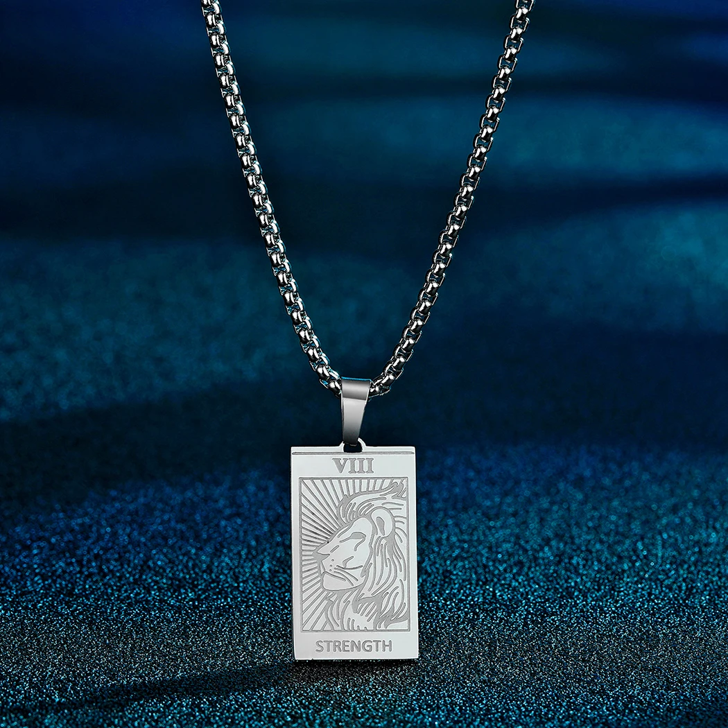 QIMING Lion Strength Tarot Necklace Amulet Major Arcana Men Women Necklace Stainless Steel Tarot Card Jewelry