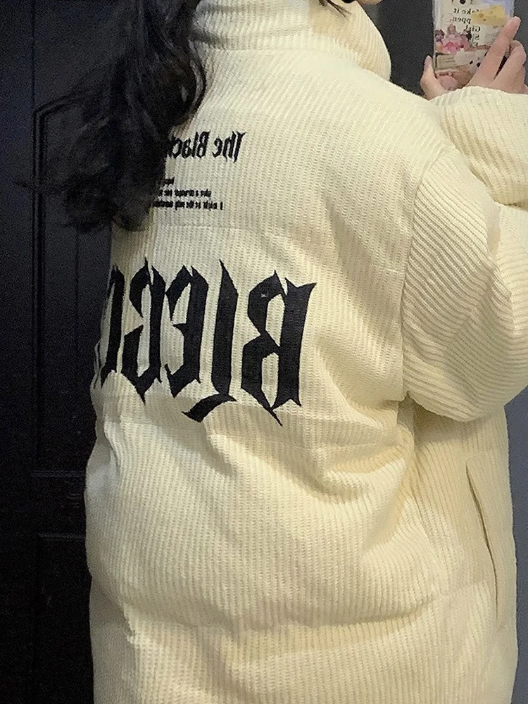 Винтажные вельветовые парки с надписью, женские пышные пальто с воротником-стойкой и длинными рукавами, свободная куртка в американском стиле ретро в консервативном стиле, новинка