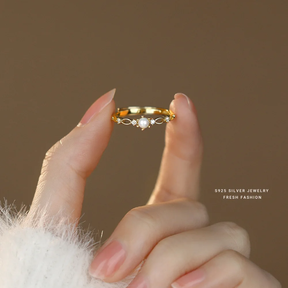 Real 925 Sterling Silver French Light Luxury Shell Pearls Ring for Women Wedding Party Fine Jewelry wholesale