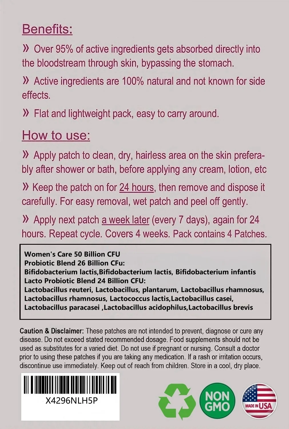 KLXVUYUN Probiotika für Damen, 50 Milliarden, garantiert probiotische transdermale Pflaster, 12 Zerbrechen, Glutenmilch- und Sojafrei