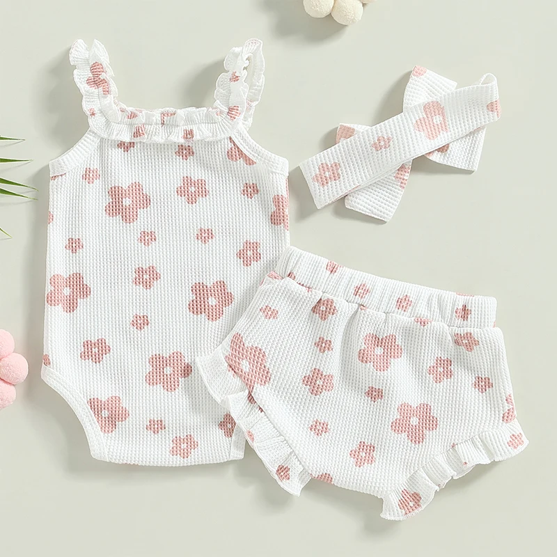 Ensemble de vêtements d\'été pour bébés filles, imprimé Floral, à volants, sans manches, barboteuse à gaufres + short à cordon, tenues 3cps