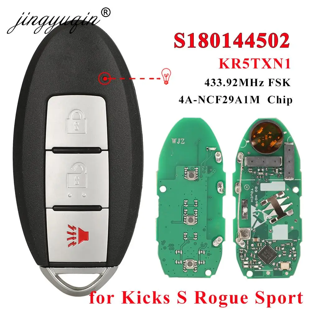 

jingyuqin S180144502 KR5TXN1 Smart Car Key For Nissan Kicks S Rogue Sport 2018 2019+ Proximity Fob 433Mhz Chip 4A 285E3-5RA0A