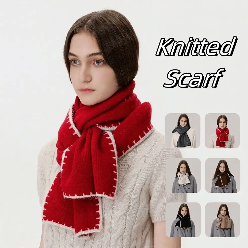 Simple Thicken Winter Scarf Wool Color Contrast Knitted Scarfs Neck Wrap Cold-proof Plush Neckerchief Winter