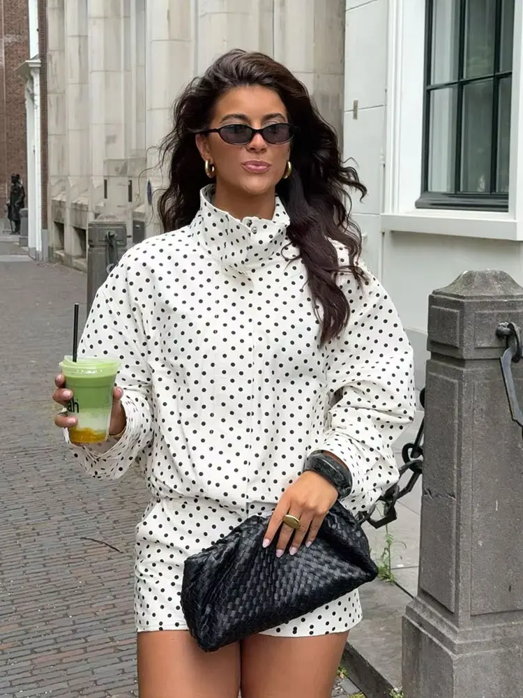 HH Female Autumn Fashion Polka Dot Printed Set Long Sleeves Turtleneck Drawstring Jacket+A-line Shorts Women's Vintage Suit