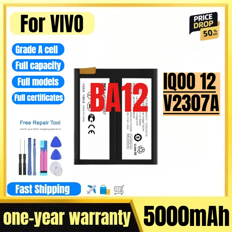

BA12 for VIVO IQOO 12/V2307A Mobile Phone Battery High Quality High Capacity Battery Replacement Bateria Grade A Cell with Tools
