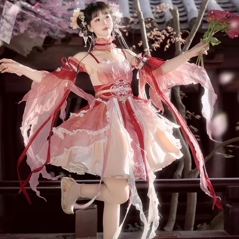 Chinese Style OP Lolita Dress Hanfu Fairy Cosplay Costume Folk Dance Wear Sweet Kawaii Cute Fairy Lace Print Ruffle Lolita Dress
