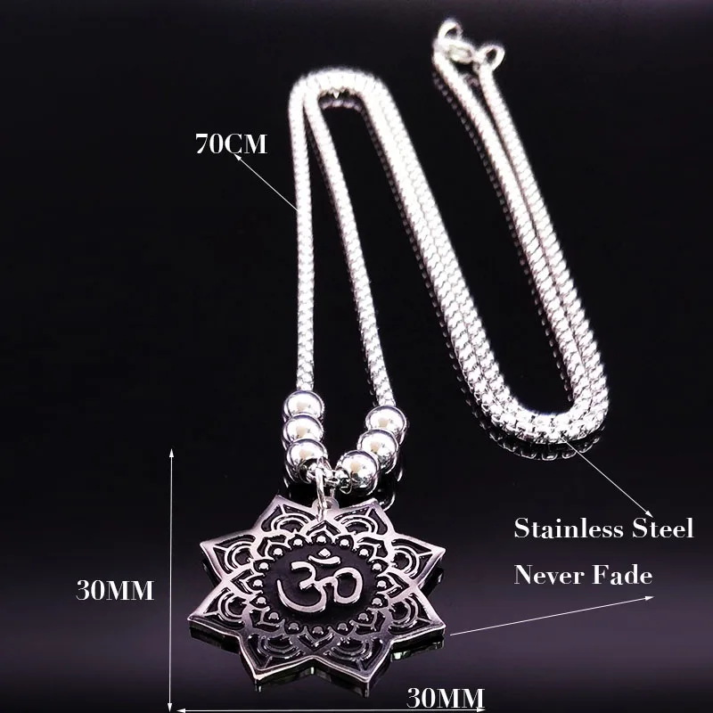 Lotus Stainless Steel OM Symbol Hindu Buddhist Necklace for Women Silver Color Bead Long Necklace Jewelry bisuteria N725S02