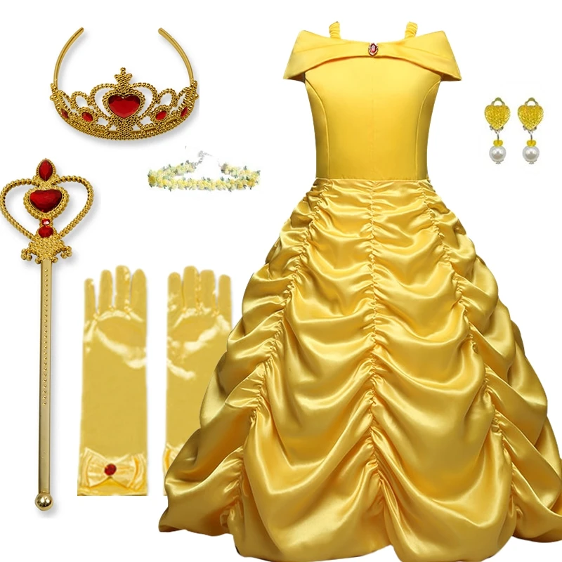 Girls Belle Dress Up Floral Children Party Princess Costume Easter Kids Beauty and The Beast Halloween Carnival Outfit Clothes