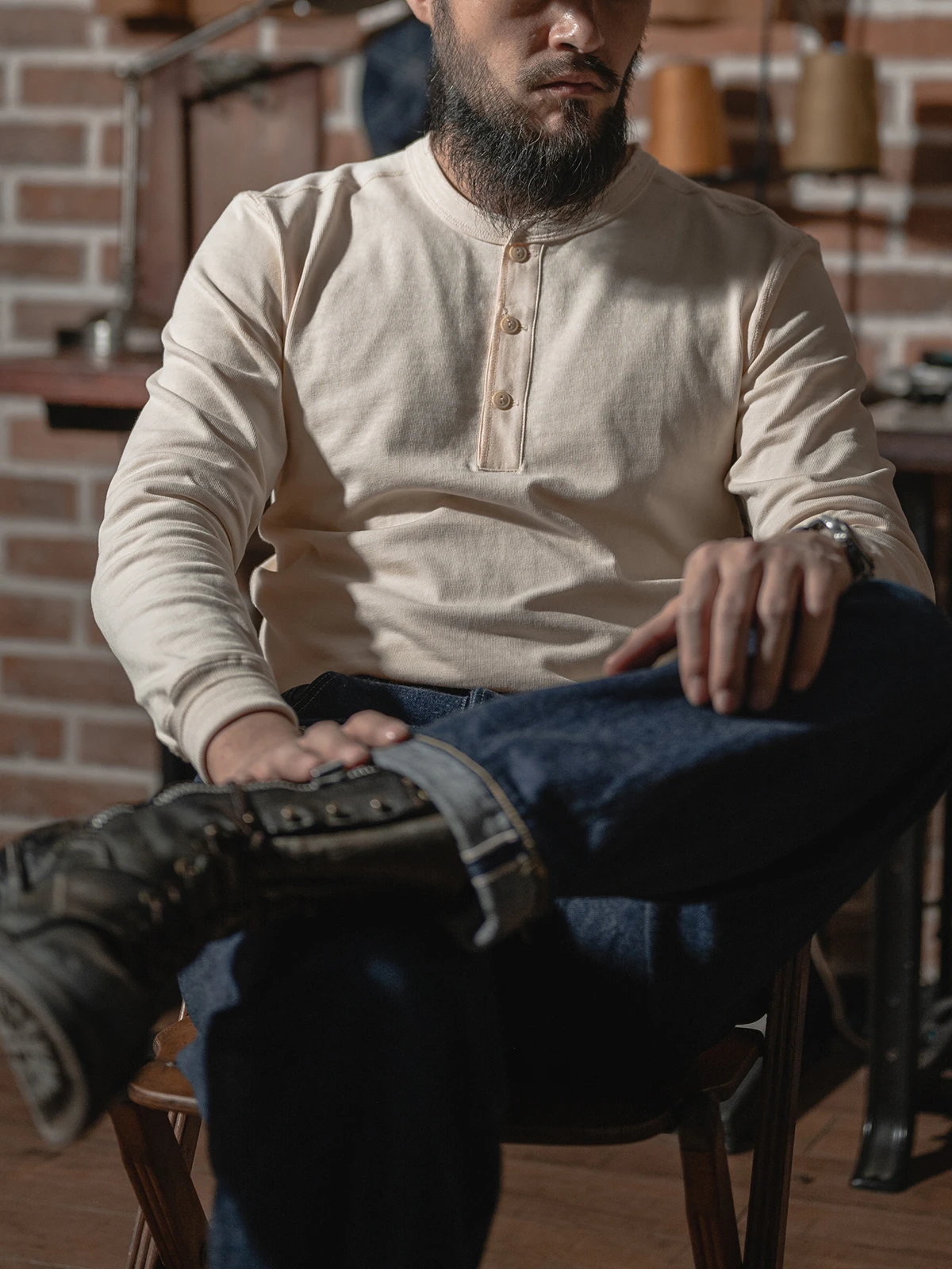 Rugged Bronson Heavyweight 350g Men's Long Sleeve Henry Collar T-Shirt Thickened Pure Color Base Layer Shirt Casual Style image 5