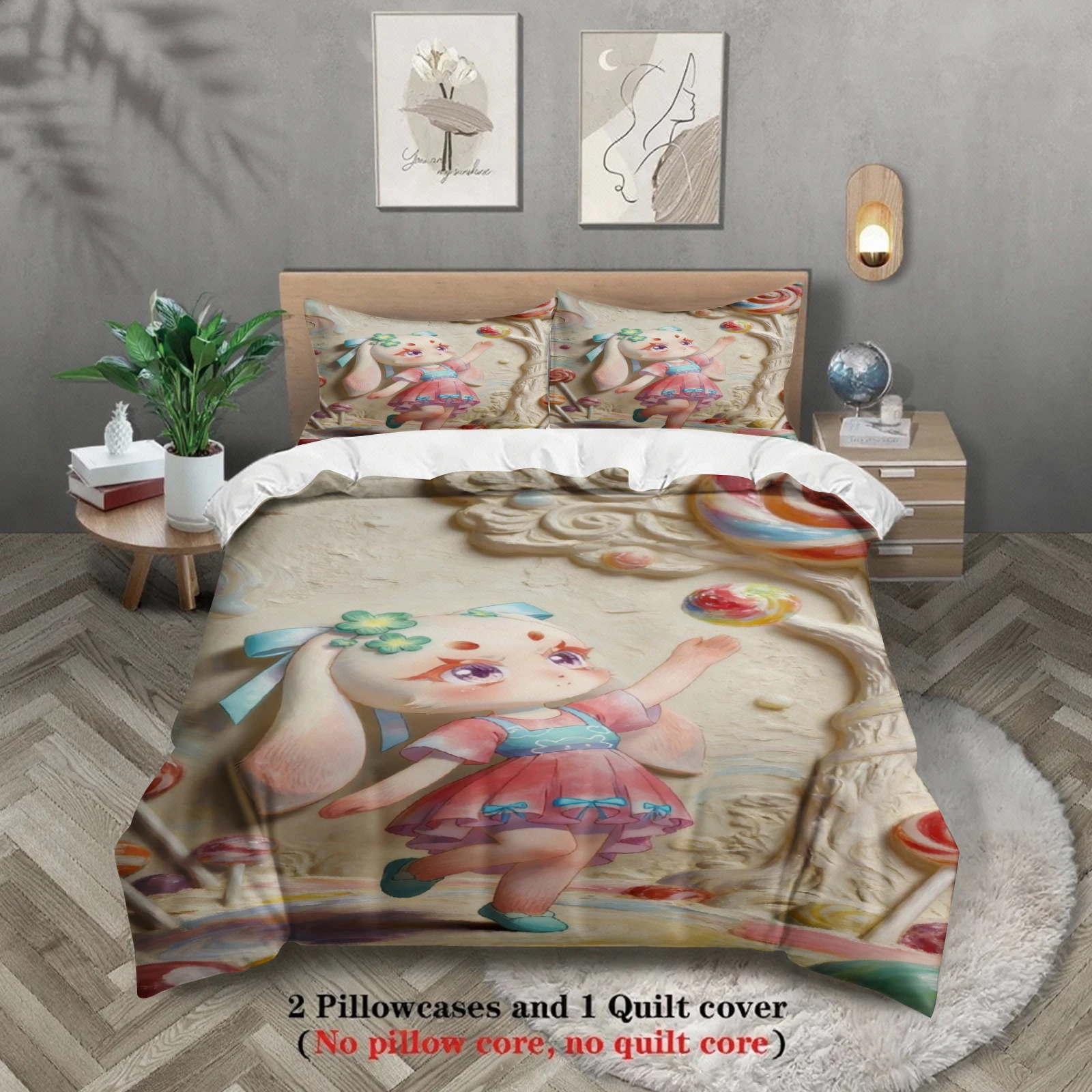 Softville Cozy Town 3PC Bedding Sets Lop Rabbit Chasing sweet candy bubbles Pint Duvet Cover No filling Cartoon Style Queen Size