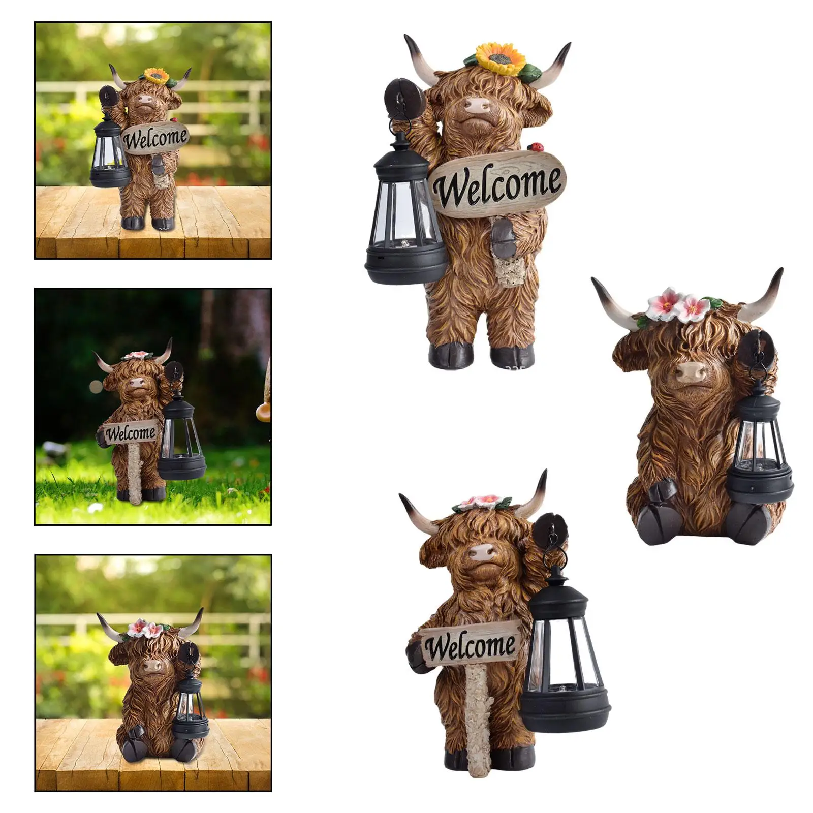 

Highland Cow Statue with Solar Outdoor Light Gifts Animal Sculpture for Lawn