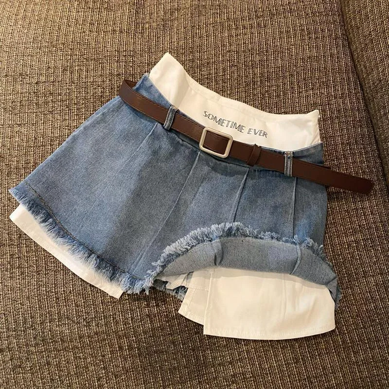 Gidyq-Jupes en jean taille haute pour femmes, patchwork coréen, mini jupes décontractées, streetwear féminin, glands, jupes en jean trapèze, été, nouveau