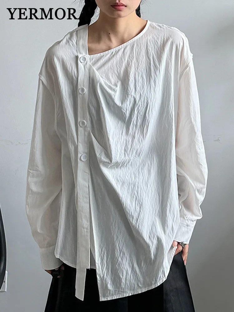 

YERMORA White Asymmetric Button Ribbon Thin Blouse For Women Long Sleeve Loose New Shirt Fashion Tide Spring Summer 2025