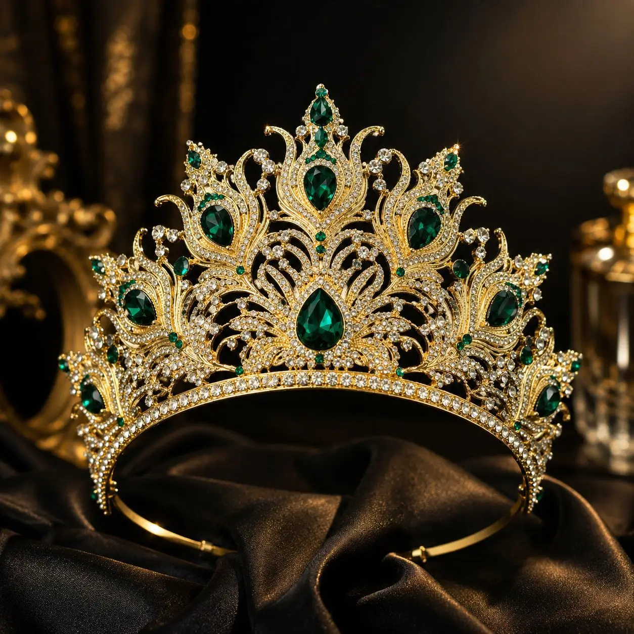 Elegant Sparkling Peacock Feather  Crown Tiara Baroque Queen Catwalk Pageant Crown Diamond Full Round Bridal Headband