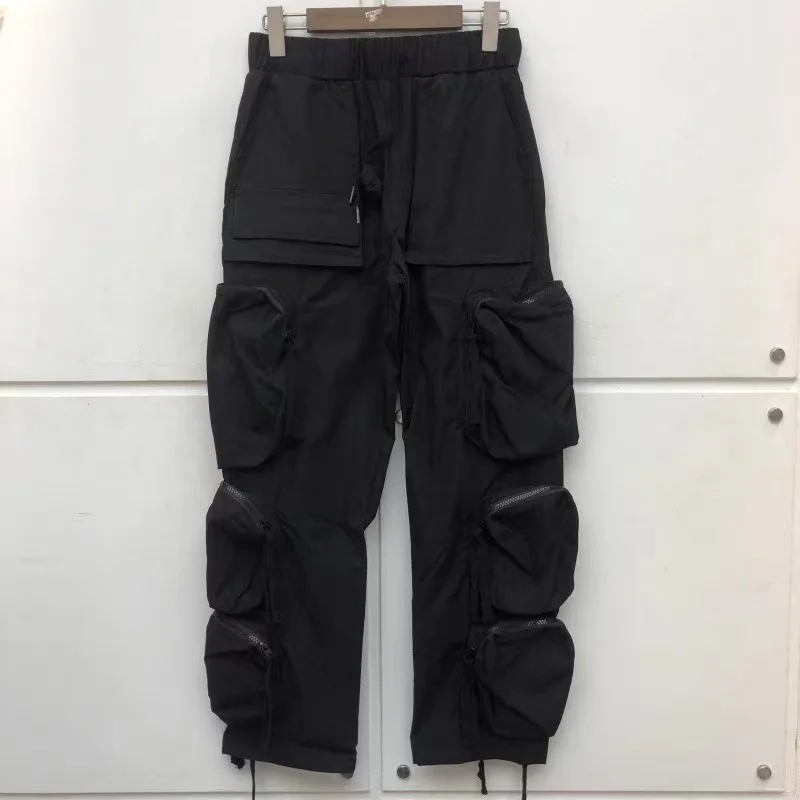 High Street Hip Hop Fashion Black Almond Pocket Casual Pants Drawstring Loose Men Best Quality Straight Leg Pants