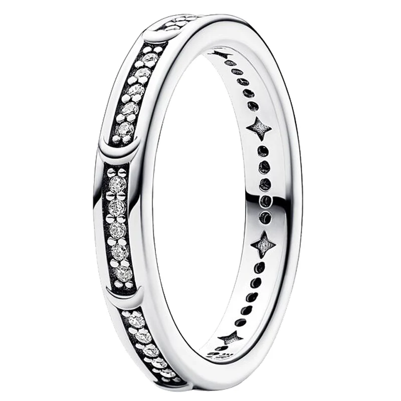 Bague en argent regardé 925 pour femme, voie lactée étoilée, croissant de lune, signature, étoiles bicolores, matiques de bande de charbon, cadeau de bijoux à bricoler soi-même