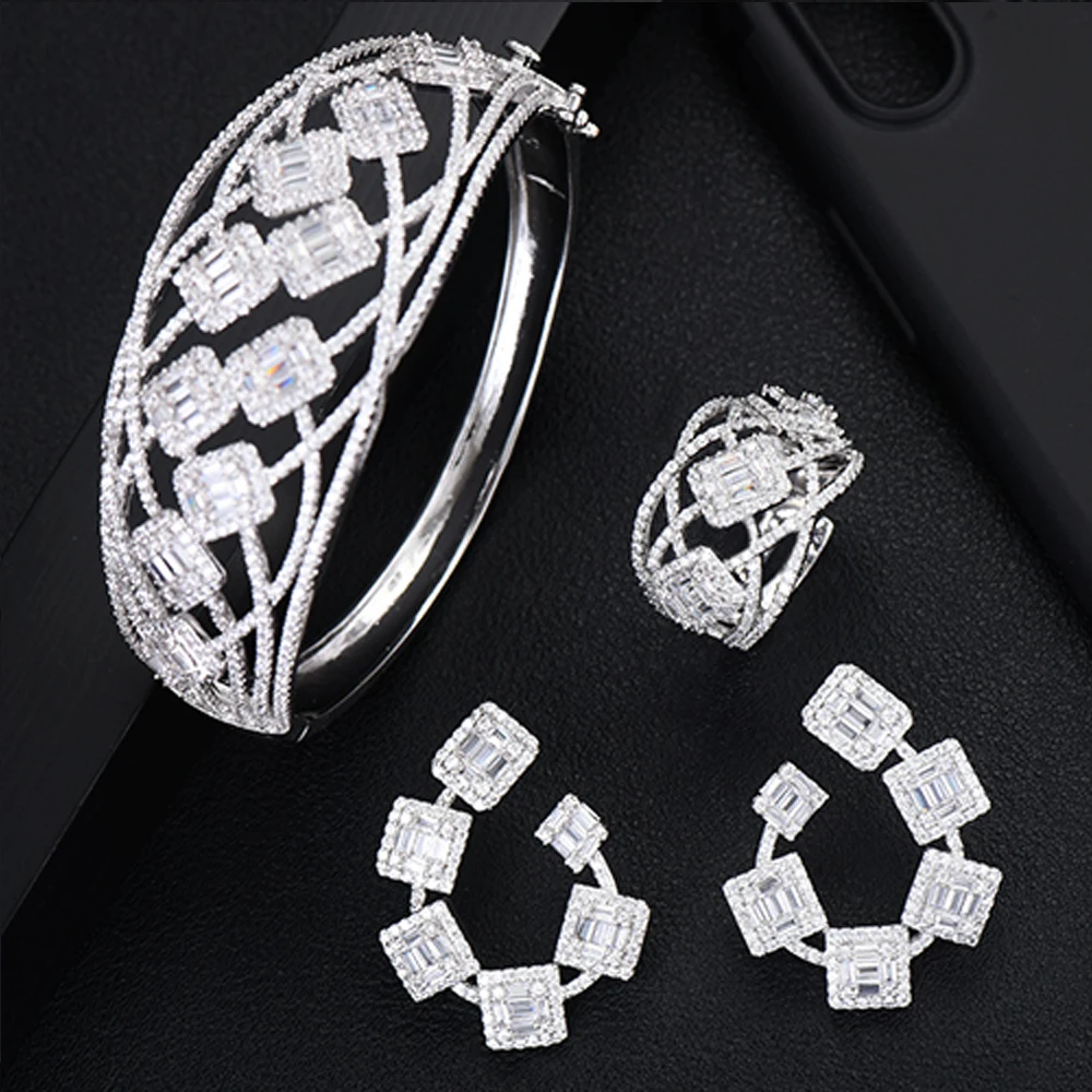 Missvikki New Bridal Luxury Gougeous Shiny Bracelet Ring Earrings Set For Women Wedding Engagement Party Jewelry Set