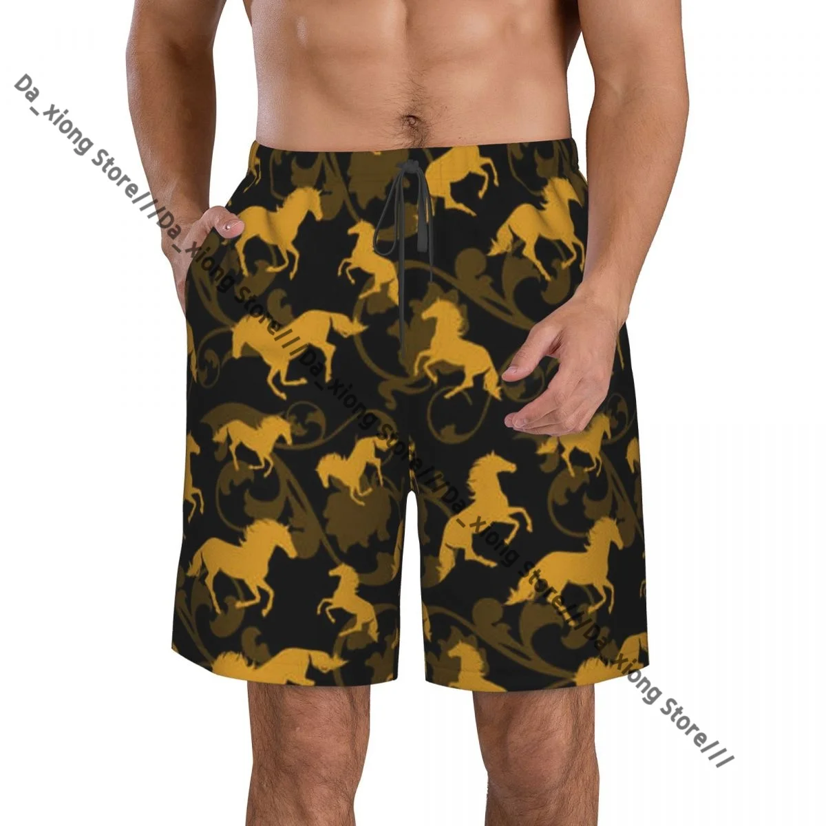 Men's Beach Short Swim Shorts Running Horses And Rose Flowers Surfing Sport Board Shorts Swimwear