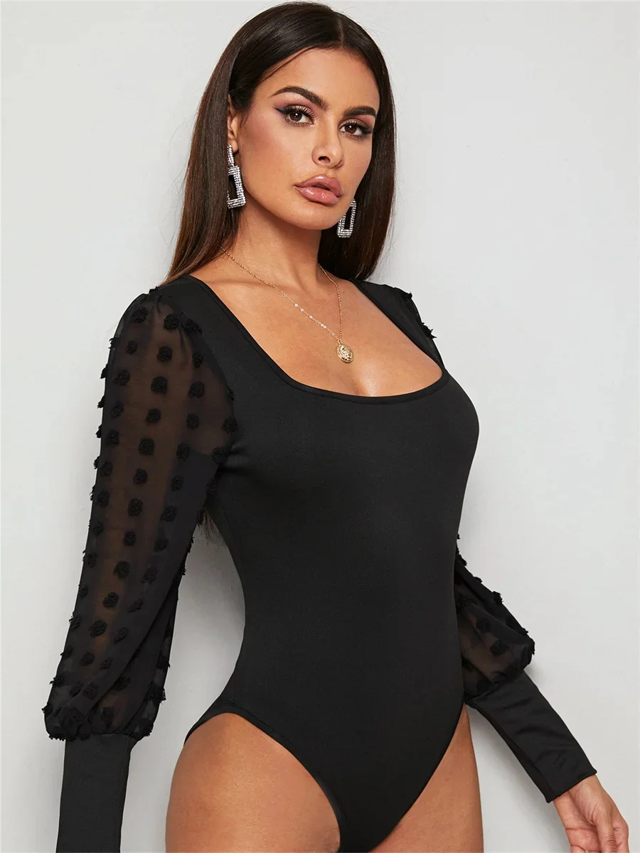 Bodysuit Women Sexy Slim Long Sleeve Bandage Body Feminino Square Collar Rompers Overalls Sexy Bodycon Jumpsuit