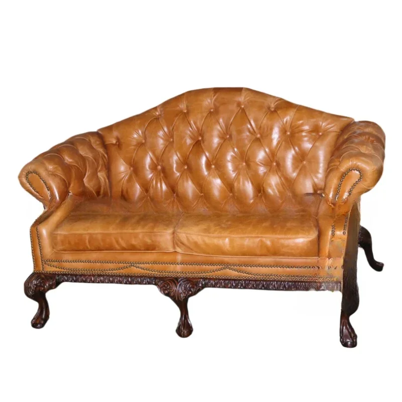 Antique first-layer cowhide sofa solid wood carving flower base 2-person leather sofa