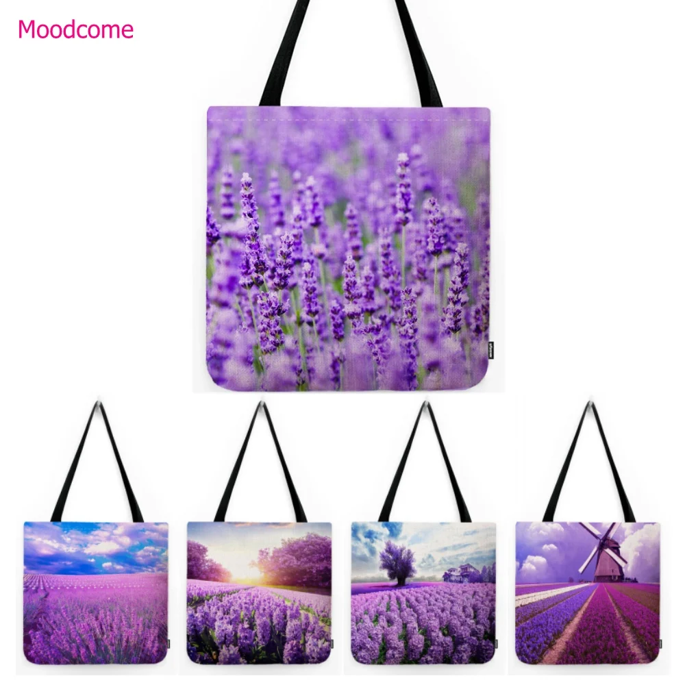 Purple Blue Lavender Field Blossom Water Resistant Cotton Linen Canvas Tote Bag Large Shopper Shopping Bag  Linen Handbag