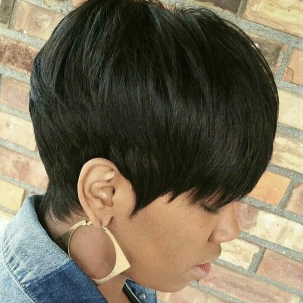 Peruki pixie cut dla czarnoskórych kobiet, krótkie peruki warstwowe, krótkie peruki z ludzkich włosów z grzywką, peruka wykonana w całości maszynowo.