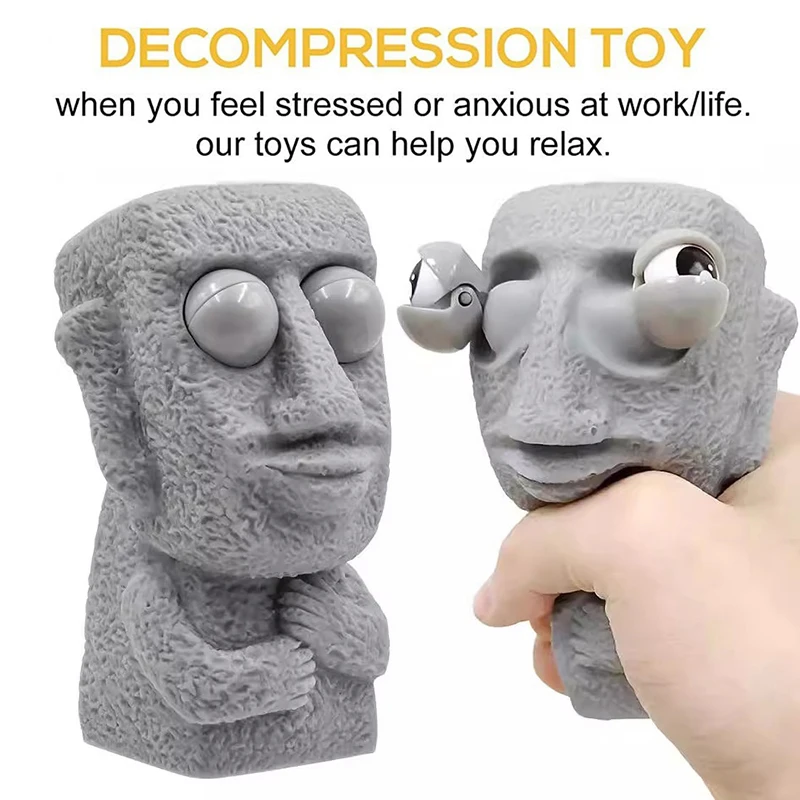 Stone Man Releases Stress Toy Slowly Rebounds Soft Moai Statue Squeeze Eyes Interested Expression Relaxes Stress Children's Gift