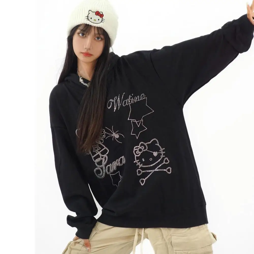 

Женская милая крутая популярная толстовка с капюшоном со стразами, осенняя Свободная Толстовка в ленивом стиле с рисунком котенка